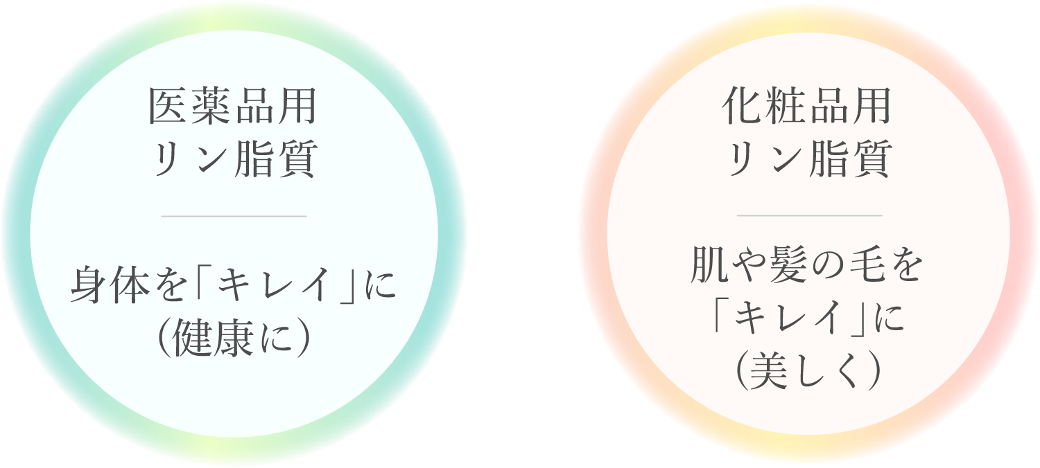 医薬品用リン脂質：身体を「キレイ」に（健康に）　化粧品用リン脂質：肌や髪の毛を美しく「キレイ」に（美しく）